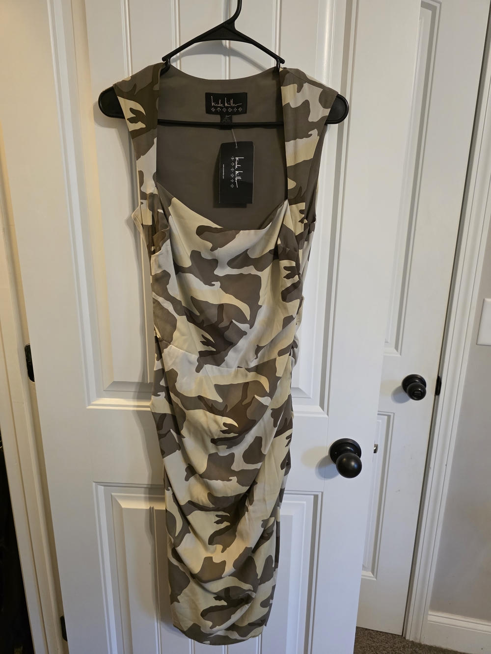 Nicole Miller Studios Olive and Cream Camo Sleeveless Midi Dress